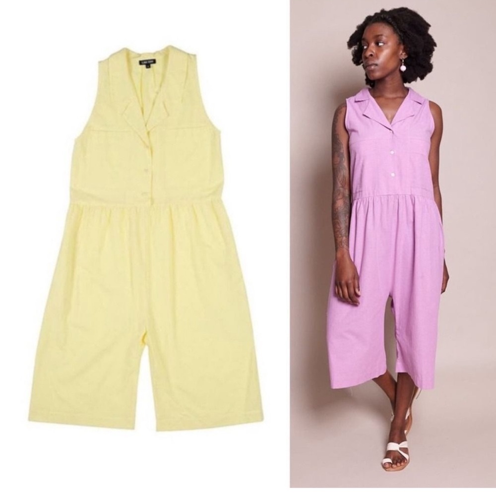 Ilana Kohn Violet Jumpsuit Cropped Wide Leg Collared Button Front Pale Yellow